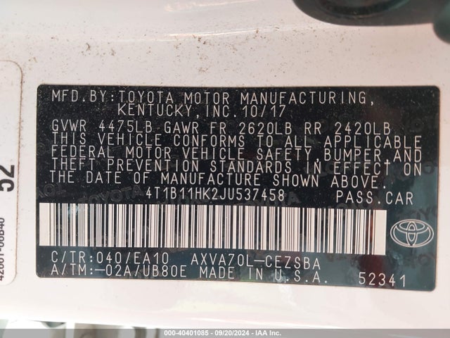Toyota CAMRY SE 2018 4T1B11HK2JU537458 Image 9
