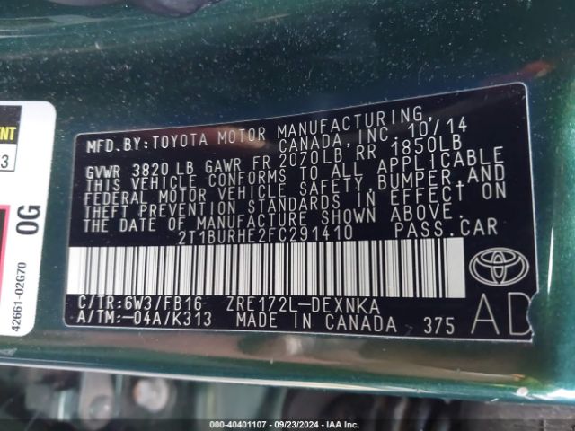 2T1BURHE2FC291410 Toyota COROLLA LE