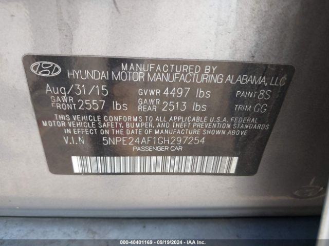 5NPE24AF1GH297254 Hyundai SONATA SE