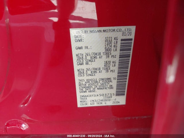 Nissan Titan Sv 4x2 2020 1N6AA1EF1LN503755 Image 25