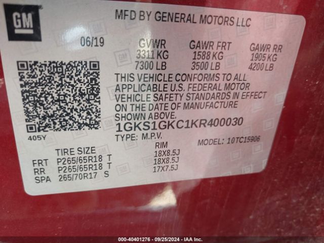 1GKS1GKC1KR400030 GMC Yukon Xl Slt