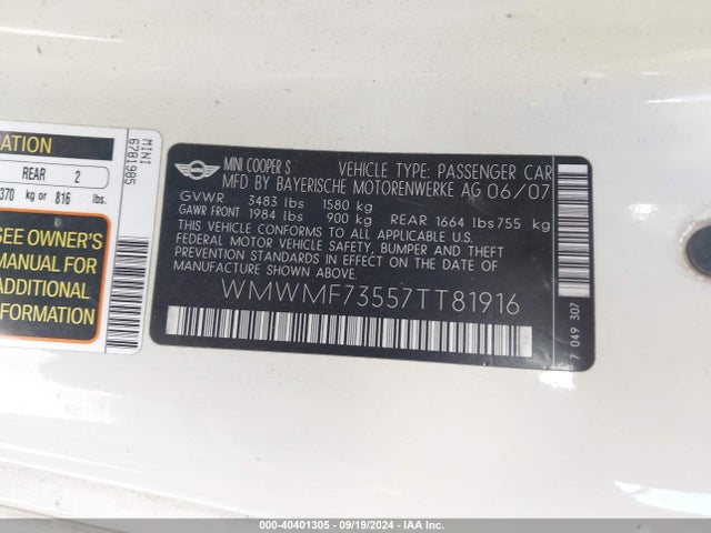 2007 MINI COOPER S WMWMF73557TT81916 Photo 8