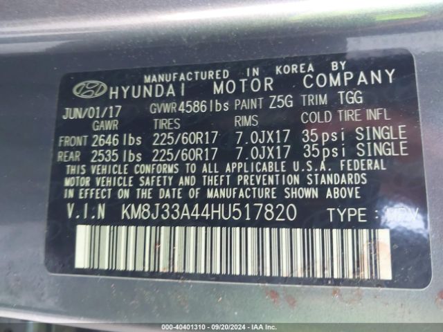 KM8J33A44HU517820 Hyundai TUCSON SE
