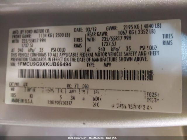 1FMCU9G9XKUB66494 Ford ESCAPE SE