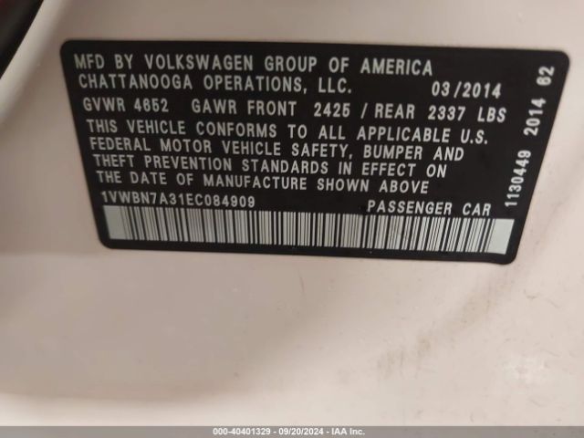 1VWBN7A31EC084909 Volkswagen Passat 2.0l Tdi Se