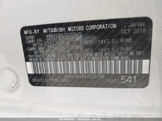 JA4AZ3A35KZ020788 Mitsubishi Outlander Sel