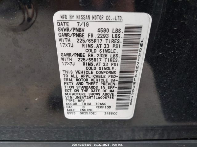 JN8AT2MT4LW008765 Nissan Rogue Sv Fwd
