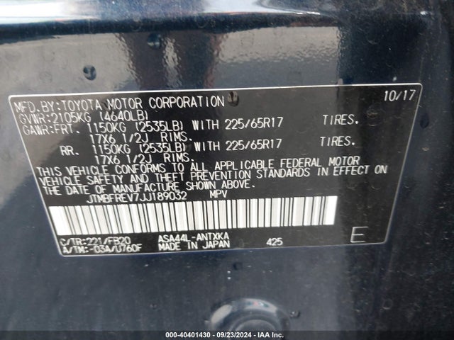 JTMBFREV7JJ189032 Toyota 2ar-fe