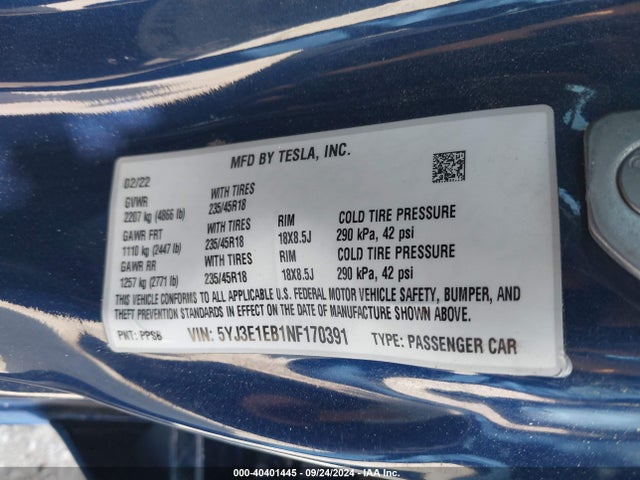 2022 TESLA MODEL 3 5YJ3E1EB1NF170391 Photo 8