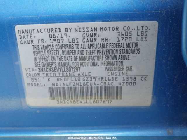 3N1CN8EV1LL807297 Nissan Versa Sv Xtronic Cvt