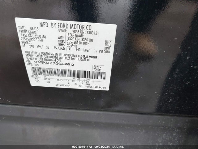Ford EXPLORER SPORT 2016 1FM5K8GTXGGA09512 Image 9