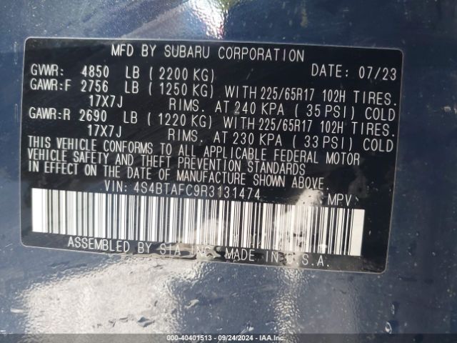4S4BTAFC9R3131474 Subaru Outback Premium