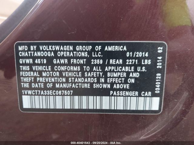 1VWCT7A33EC067507 Volkswagen Passat 1.8t Sel Premium