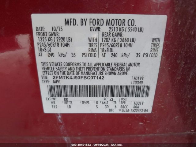 2FMTK4J93FBC07142 Ford EDGE SEL