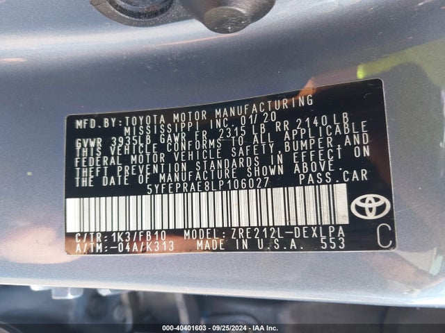 Toyota COROLLA LE 2020 5YFEPRAE8LP106027 Image 9