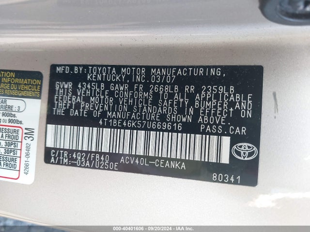 Aukcja sprzedaży 2007 Toyota Camry Le, vin: 4T1BE46K57U669616, numer aukcji: 40401606