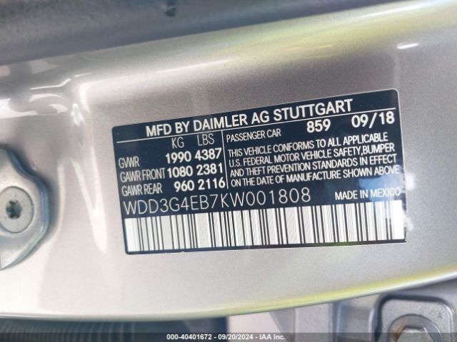 WDD3G4EB7KW001808 Mercedes-Benz A 220