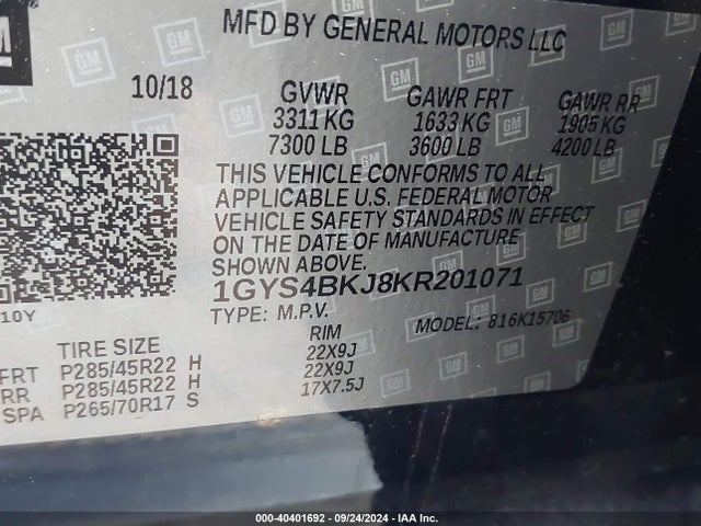 2019 CADILLAC ESCALADE 1GYS4BKJ8KR201071 Photo 8