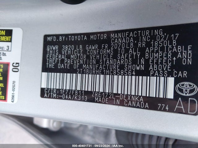 Toyota COROLLA LE 2017 2T1BURHE1HC858564 Image 9