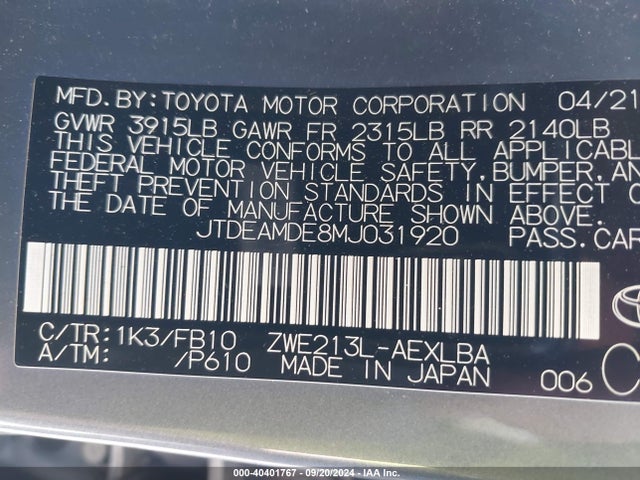 JTDEAMDE8MJ031920 Toyota Corolla Hybrid Le