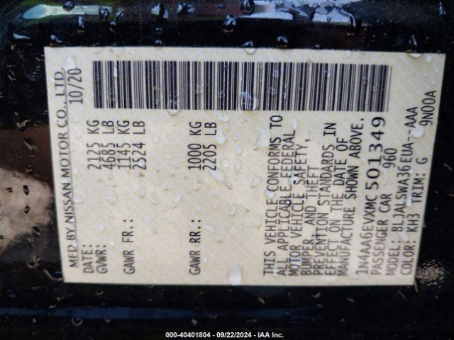 1N4AA6EVXMC501349 Nissan Maxima Sr Xtronic Cvt
