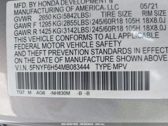 5FNYF6H54MB083444 Honda Pilot Awd Ex-l