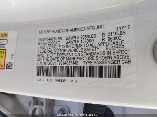 1HGCV1F93JA037342 Honda Accord Touring