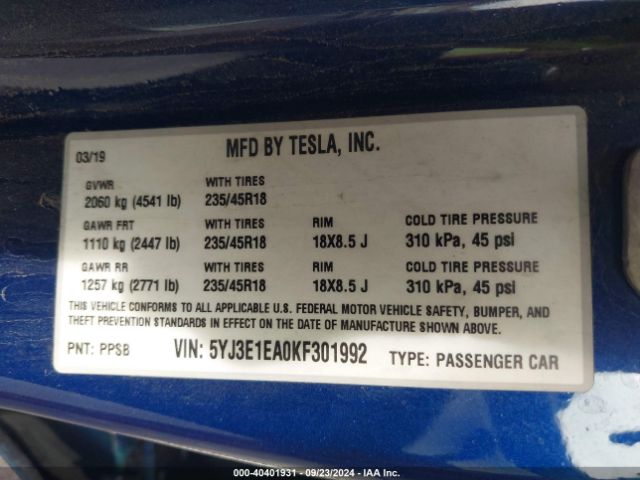 5YJ3E1EA0KF301992 Tesla Model 3 Long Range/mid Range/standard Range/standard Range Plus