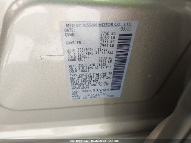5N1DL1FR8NC335884 Infiniti QX60 LUXE