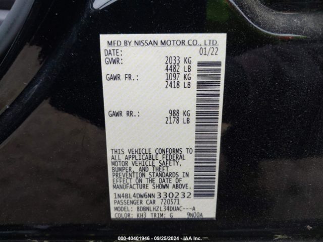 1N4BL4DW6NN330232 Nissan Altima Sv Intelligent Awd