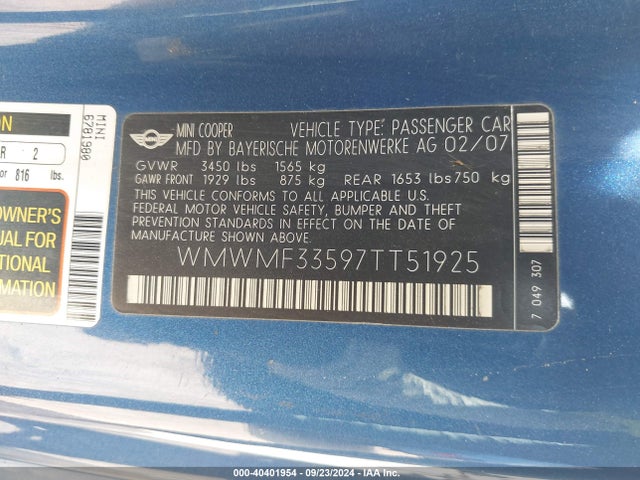 2007 MINI COOPER WMWMF33597TT51925 Photo 8