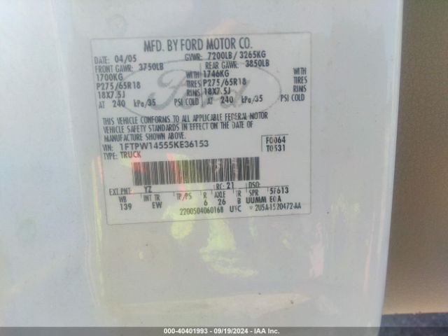 2005 FORD F-150 1FTPW14555KE36153 Photo 8