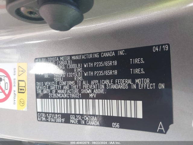Lexus RX 350 2019 2T2BZMCA0KC196021 Image 9