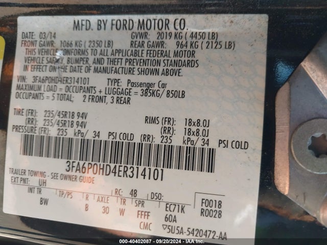 Ford FUSION SE 2014 3FA6P0HD4ER314101 Image 9