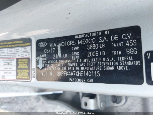 3KPFK4A7XHE140115 KIA FORTE LX