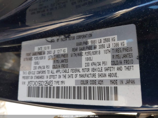 JM3TCACY9G0125463 Mazda Cx-9 Touring