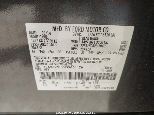 Ford Explorer Limited 2015 1FM5K7F80FGA01179 Image 9