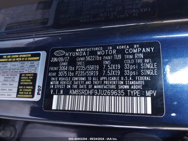 KM8SRDHF9JU269635 Hyundai Santa Fe Limited Ultimate