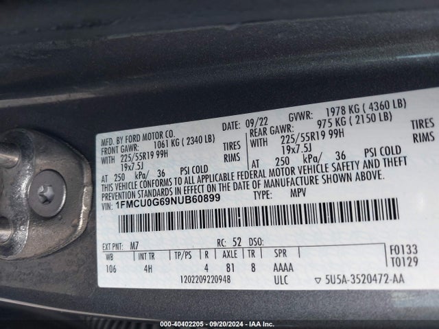 Ford ESCAPE SE 2022 1FMCU0G69NUB60899 Image 9