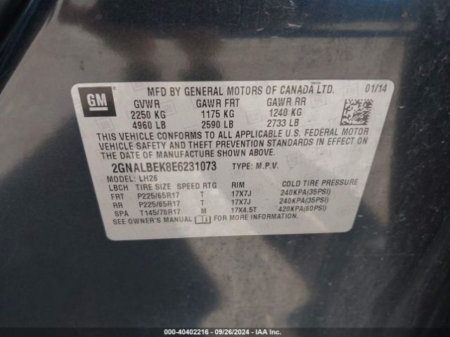 2GNALBEK8E6231073 Chevrolet EQUINOX 1LT