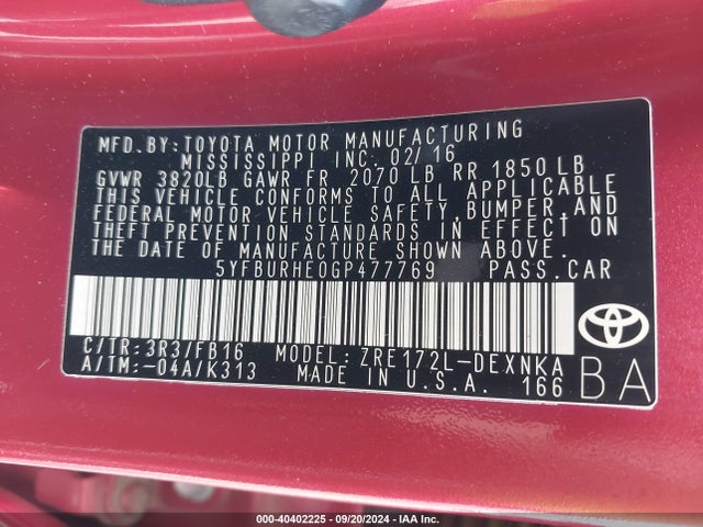 Toyota COROLLA LE 2016 5YFBURHE0GP477769 Image 9
