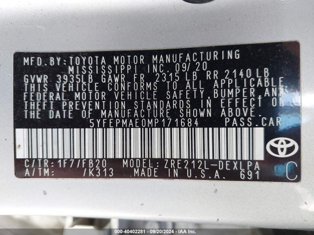 Toyota COROLLA LE 2021 5YFEPMAE0MP171684 Image 9