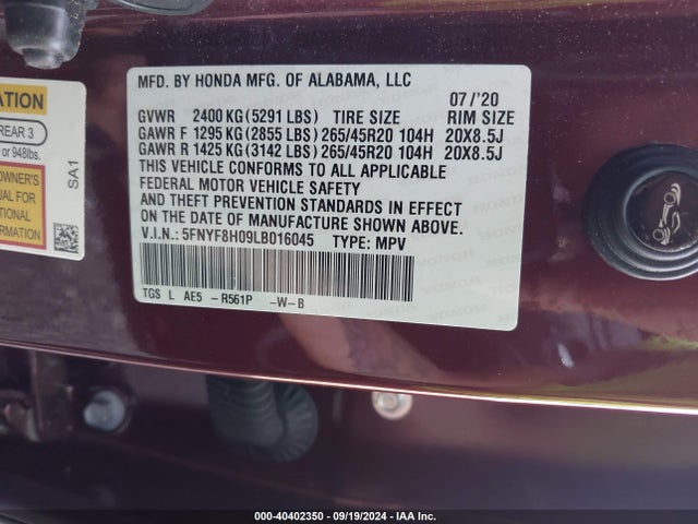 Honda Passport Awd Elite 2020 5FNYF8H09LB016045 Image 9