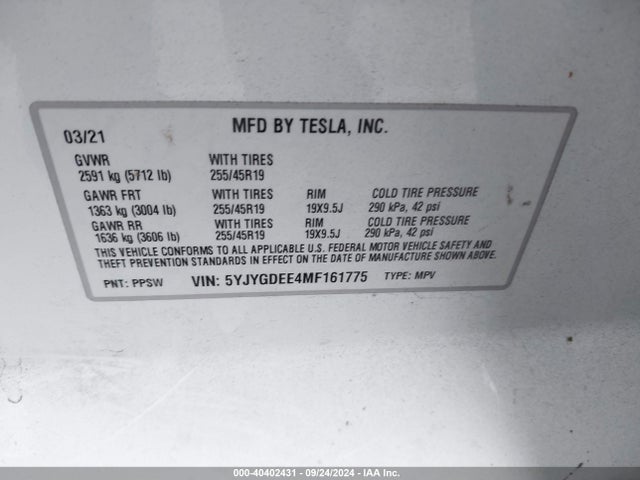 2021 TESLA MODEL Y 5YJYGDEE4MF161775 Photo 8