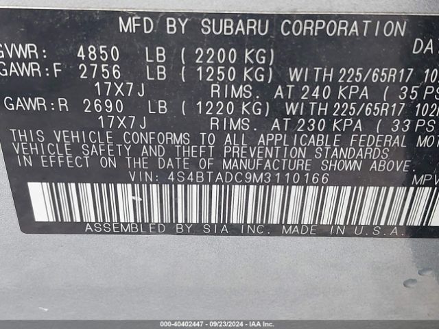 4S4BTADC9M3110166 Subaru Outback Premium