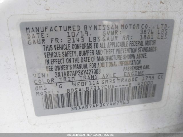 3N1AB7AP3KY427963 Nissan SENTRA S