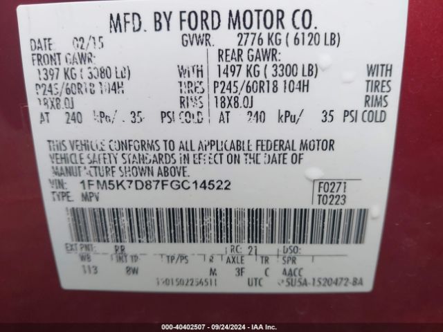 1FM5K7D87FGC14522 Ford EXPLORER XLT