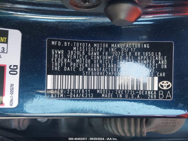 Toyota COROLLA LE 2017 5YFBURHE2HP697013 Image 9