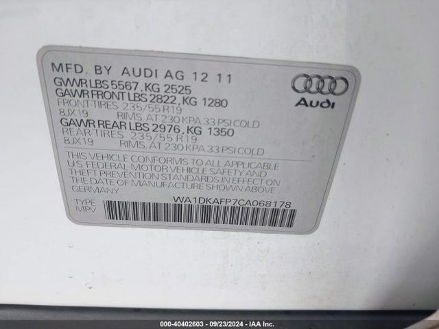 2012 Audi Q5 3.2 Premium Plus მანქანა იყიდება აუქციონზე, vin: WA1DKAFP7CA068178, აუქციონის ნომერი: 40402603