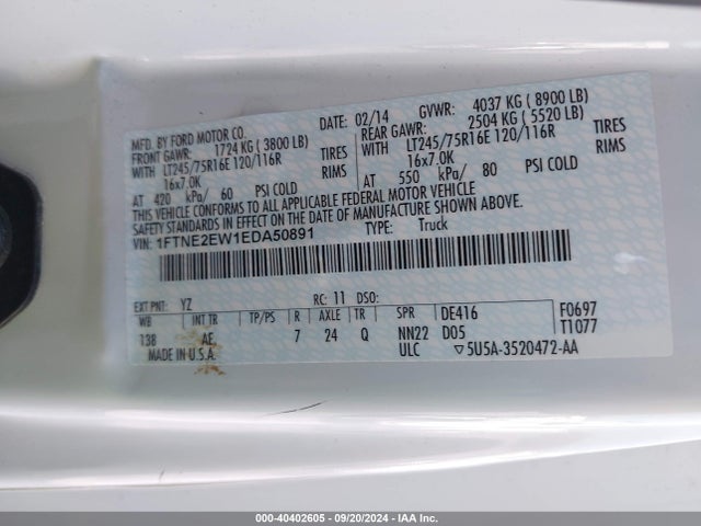 Ford E-250 Commercial 2014 1FTNE2EW1EDA50891 Image 9